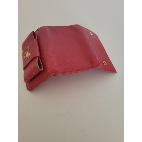PRADA Leather Logo Wallet Small Pink Saffiano Compact Key Case Hooks Holder Bow - Picture 6 of 9